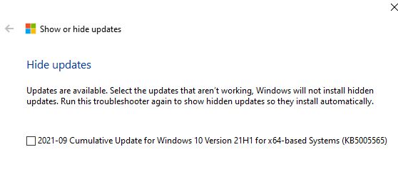 Windows Update show hide package KB5005565