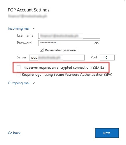 Server requires an encrypted connection (SSL/TLS) incoming mail setting