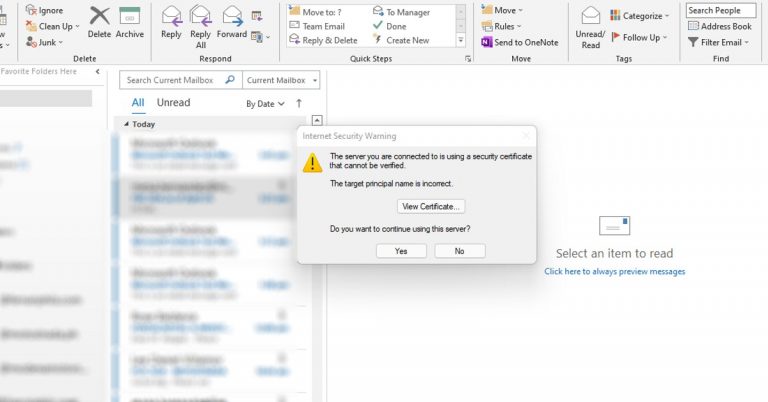 Internet Security Warning when starting Outlook